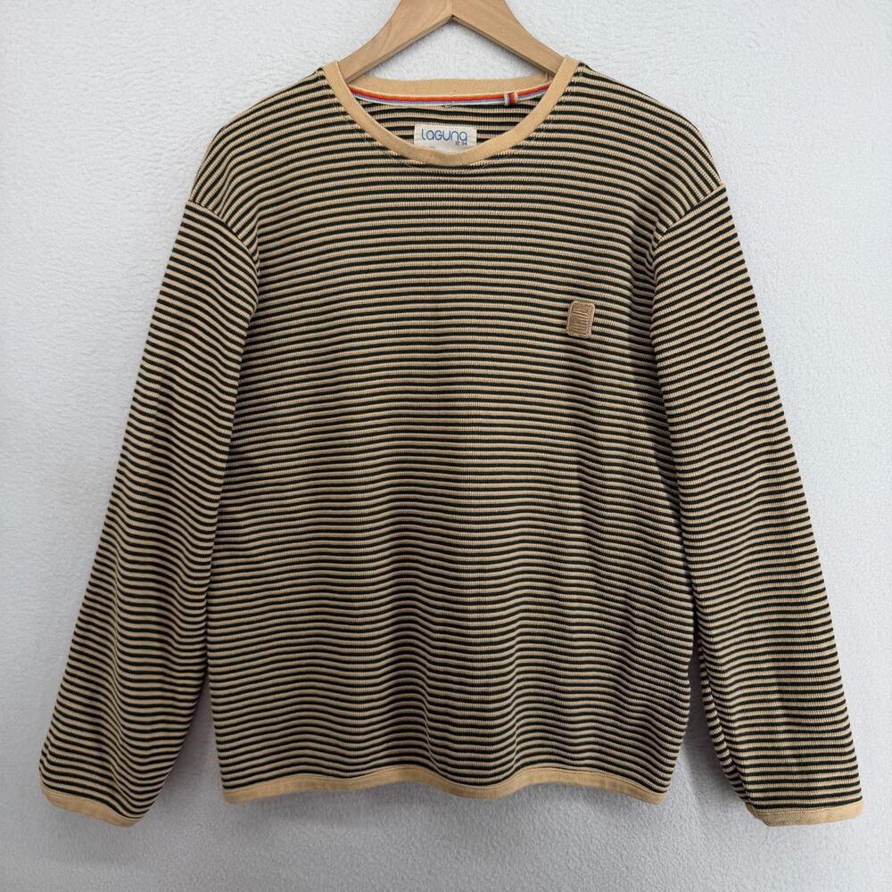 LAGUNA Sweater Mens L Ribbed Striped Jumper Pullover Cotton Blend Brown